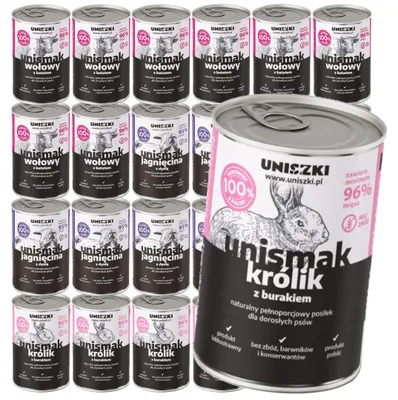 Produktbild von Uniszki Unismak 24 x 400 g getreidefreies Nassfutter für Hunde, Geschmacksrichtungen: Lamm, Kaninchen, Rind