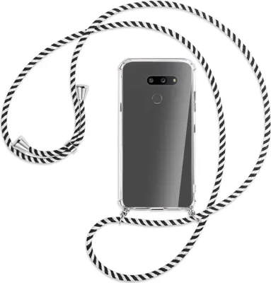 Produktbild von Handykette Backcover-Schutzhülle mit Band (Metall silberfarben) für LG G8X ThinQ - schwarz/weiß gestreift