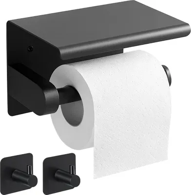 Produktbild von Wandmontierter Toilettenpapierhalter schwarz – Edelstahl, ohne Bohren, mit Ablage & 2 Klebehaken