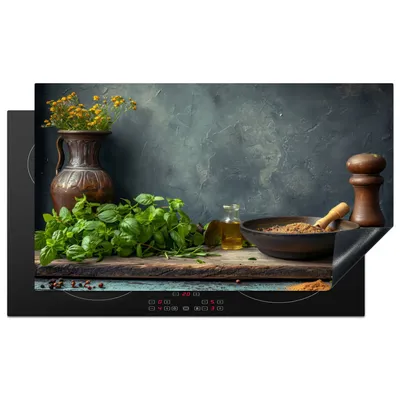 Produktbild von KitchenYeah© Herdabdeckplatte Stilleben - Küche - Kräuter , 89x51cm, Küche Deko, Glaskeramikkochfeld Herdabdeckung, Abdeckplatte fùr Kochfeld