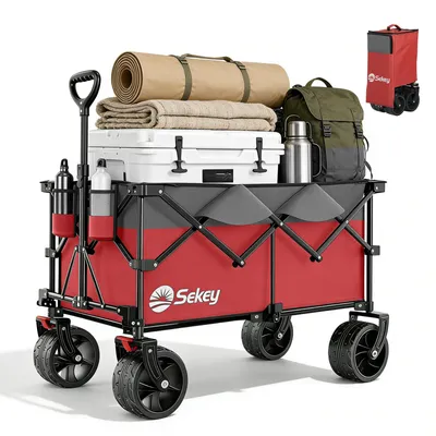 Produktbild von Sekey XXL Plus Bollerwagen Faltbar mit Extra Breite Räder, Faltbollerwagen belastbar 200kg Handwagen Klappbar Transportwagen, Grau und Rot