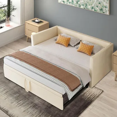 Image de Lit de jour 90x200 cm convertible en canapé-lit 180x200 cm, avec sommier à lattes, revêtement en velours, couleur beige