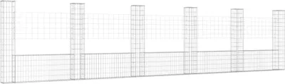 A wireframe rendering of a U-shaped gabion basket with multiple vertical support columns.