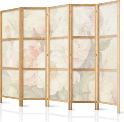 A five-panel room divider with a floral print.