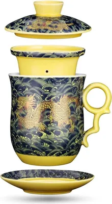 Produktbild von Chinesische Drachen-Teebecher-Set 400ml Keramik Sieb Deckel Dunkelgrün
