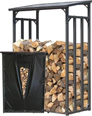 Produktbild von Metall Kaminholzregal Außen 130 x 70 x 185 cm Mit Wetterschutz Schwarz, Pro - 40 mm Stahlprofil, Anthrazit, Wetterfest, Kapazität 1,6 m? (2,5 SRM), L Garten Kaminholzunterstand Stapelhilfe