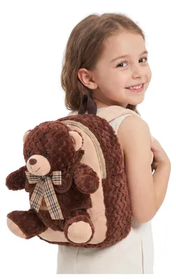 Produktbild von Kinderrucksack - Beige Plüsch mit Bär - Leichter Kindergartenrucksack - Plüschrucksack mit Abnehmbarem Kuscheltier