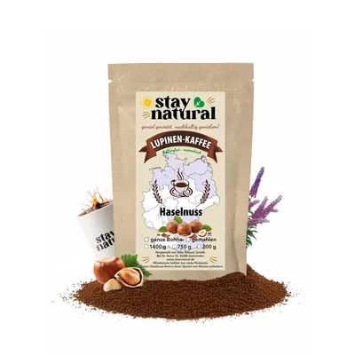 Produktbild von Stay Natural Lupinen Kaffee gemahlen 200g – Koffeinfreier Kaffee, natürliche Kaffeealternative aus deutschen Süßlupinen, dunkel geröstet, vegan & glutenfrei, Geschmack Haselnuss