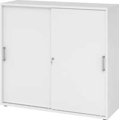 Produktbild von bümö Schiebetürenschrank office - 3 Ordnerhöhen - Nachbildung: Weiß, Griff: Chromgriff (Metall)