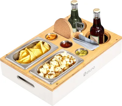 Produktbild von eluno Couchbar, Serviertablett, Sofatablett aus Bambus mit Edelstahl Snackschalen inklusive Getränkehalter, weiß