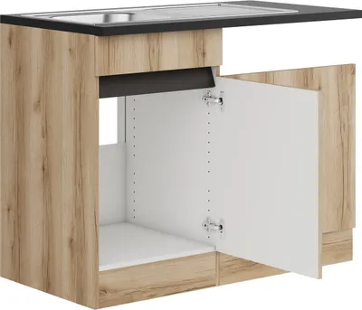 Produktbild von Küchen Spülenschrank Set mit Arbeitsplatte Kaya SPGSSET-0+ in Wildeiche Nachbildung 110 cm breit mit Edelstahl Spüle