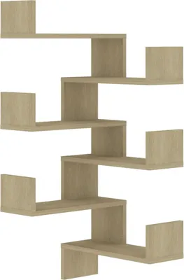 A set of wooden shelves arranged in a zig-zag pattern against a white background.