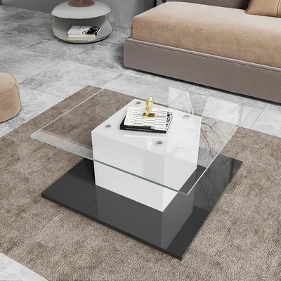 Image de MODFU Table Basse - Table de Salon Design avec Tiroir Latéral et Éclairage LED - Structure en MDF et Panneaux de Particules - Blanc et Noir - 80x80x40 cm