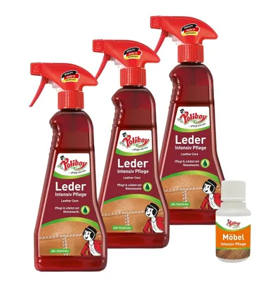 Produktbild von Poliboy Leder Intensiv Pflege 3er  Set - je 375ml - inkl. Möbel Probe - reinigt, pflegt und schützt alle Glattleder