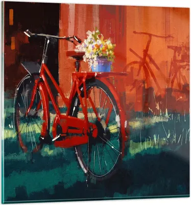 Produktbild von Bilder auf glas - Fahrrad Blumen - 50x50cm - Glasbilder - Wandbilder - Kunstdruck - zum Aufhängen bereit - Wanddekoration aus Glas - Glas Bilder - Wandbild auf Glas - Einteilig - GAC50x50-3712