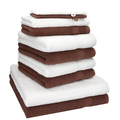 Produktbild von Betz 10-tlg. Handtuch-Set PREMIUM 2 Duschtücher 4 Handtücher 2 Gästetücher 2 Waschhandschuhe  Farbe: nussbraun & weiss