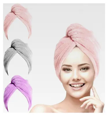 Produktbild von Haarturban, 3 Stück Turban-Handtuch mit Knopf, Mikrofaser-Haartuch für lange Haare, schnelltrocknendes Kopfhandtuch in Pink/Grau/Lila