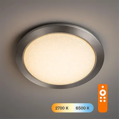A ceiling light fixture with a remote control and color temperature indicators.