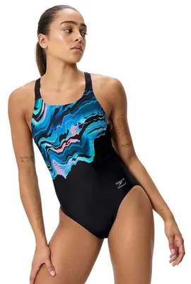 Produktbild von Speedo Female Placement Printed Leaderback Badeanzug Schwarz UK 34 Frau Schwarz UK 34