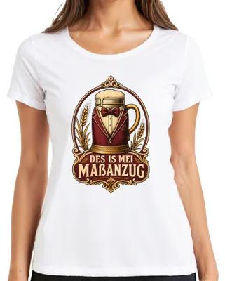 Obrázek produktu pro Tričko s potiskem "Des is mei Maßanzug" (To je můj oblek), motiv: pivo, , tradiční bavorské oblečení (Lederhose a Dirndl), dámské, bílé, velikost M
