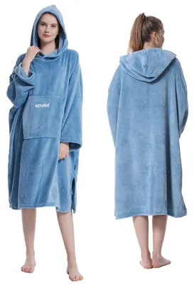 Image de Peignoir en polaire, unie, avec capuche, couleur bleu, taille unique