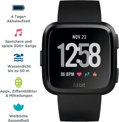 Produktbild von Fitbit Versa Smartwatch Fitnesstracker Limited Edition in Schwarz mit Zusatz Armband in Grau und Ladegerät