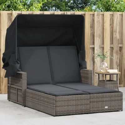 Produktbild von Doppel-Sonnenliege mit Dach und Auflagen Grau Poly Rattan 365809