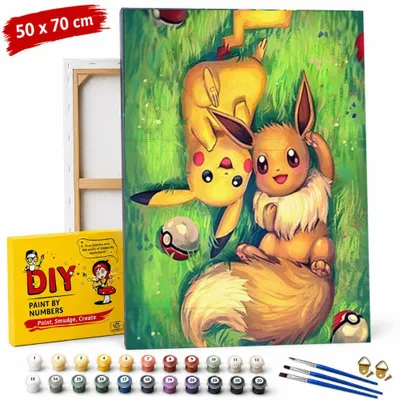 Obrázek produktu pro Obraz k vybarvení podle čísel s rámečkem – Pokémon Pikachu a Eevee, 50 × 70 cm