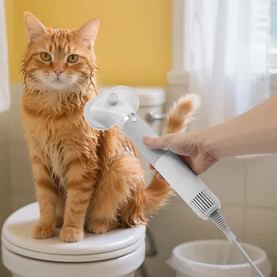 Immagine prodotto di Asciugacapelli per animali domestici - Soffiatore manuale per cani e gatti - 106000 giri/minuto - 3 velocità - 3 temperature - 4 ugelli - Spina UE 220-230V - Bianco
