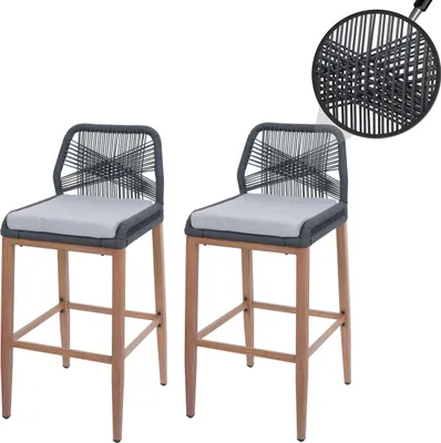 Produktbild von 2er-Set Rope-Barhocker HWC-O21, Outdoor Sitzpolster Seilgeflecht Metall Holz-Optik  anthrazit, Kissen hellgrau