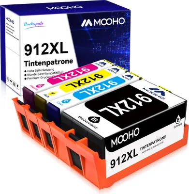A box of printer ink cartridges and the cartridges themselves arranged in an orange holder.