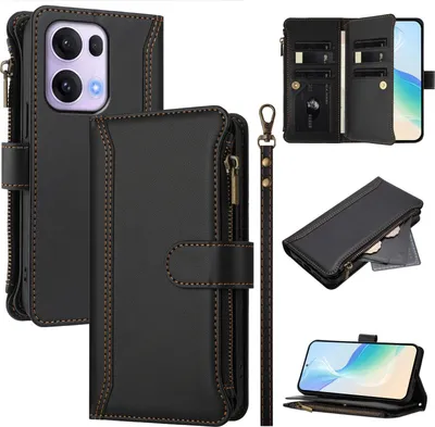Image de Etui pour Oppo Reno13 Pro, zippé, étui portefeuille en cuirPolyuréthaneavec pochettes pour cartes, support et dragonne noir
