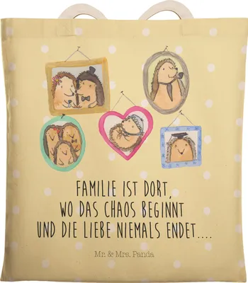 Produktbild von Mr. & Mrs. Panda Tote Bag Igel Familie - Gelb Pastell - Geschenk, Bruder, Tasche, Bilder, Beutel, Stofftragetasche, Stoffbeutel, Muttertag, Einkaufstasche, Mama