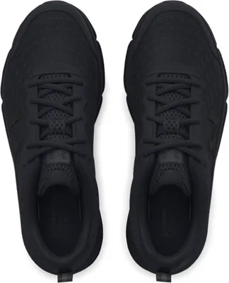 A top-down view of a pair of black Under Armour running shoes.
