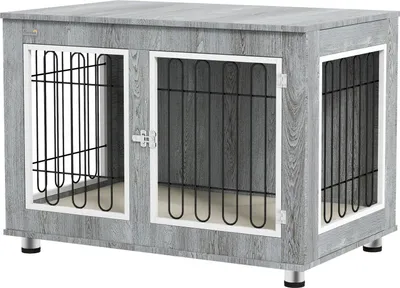 Produktbild von Hundekäfig, Hundehütte, Mit Kissen, 2 Verriegelungen Für Mittelegroße Hunde, Hundebox Mit Doppeltüren, Hundehaus, Grau, 90 X 58 X 65 Cm
