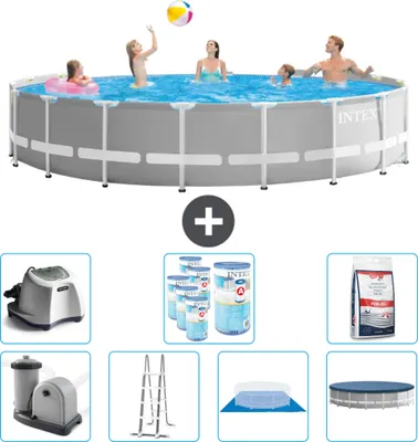 Produktbild von Intex Round Prism Frame Swimming Pool – 548 x 122 cm – Grau – inklusive Pumpe – Leiter – Bodenplane – Abdeckung Salzwassersystem - Filter - Poolsalz