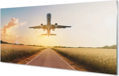 Produktbild von Glasbilder 140x70 Wandkunst Flugzeug nach Westen Stadt