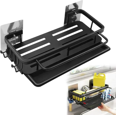 Produktbild von Spülbecken Organizer Hängend Schwarz Küchen Spülbecken Organizer Aluminium Kein Bohren mit Handtuchhalter und Haken Sink Organizer für Toilettenartikel und Küchenutensilien