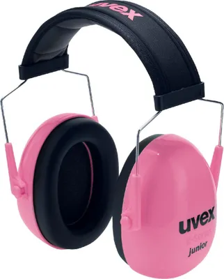 A pair of pink and black earmuffs for children.