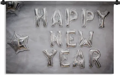 Produktbild von MuchoWow® Wandteppich Wandbehang Frohes neues Jahr aus silbernen Ballons 60x40 cm Tapisserie Dekoration Wandtuch - Wanddekorationen