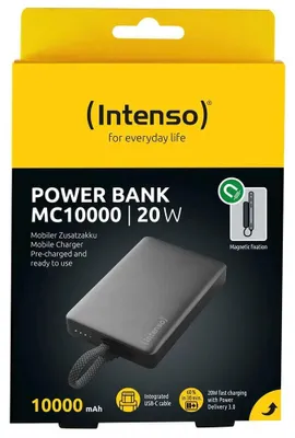 Produktbild von Intenso Powerbank MC 10000 mAh magnetische Fixierung PD Typ C USB OUT integriertes Kabel schwarz