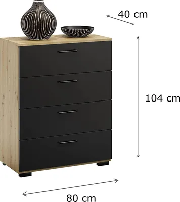 Produktbild von MATKAM Schubladen-Kommode ROMA  in moderner Optik, B80 x H112 x T40 cm, 4 Schubfächer mit Griffe in Schwarz (Artisan Eiche-Schwarz)