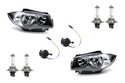 Zdjęcie produktu dla Reflektory samochodowe pasujące do modeli BMW serii 1 (E81, E82, E87, E88) produkowanych w latach 2009-2013, komplet (lewy i prawy) wraz z żarówkami H7 i serwomotorem