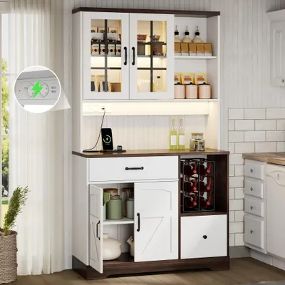Image de Armoire de cuisine, buffet avec éclairage LED et prise électrique, commode de style rustique, buffet haut, armoire à provisions, 105 x 40 x 185 cm, style vintage