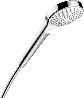 A close-up, studio shot of a chrome and white hand shower head with its handle and part of the hose, isolated on a white background.