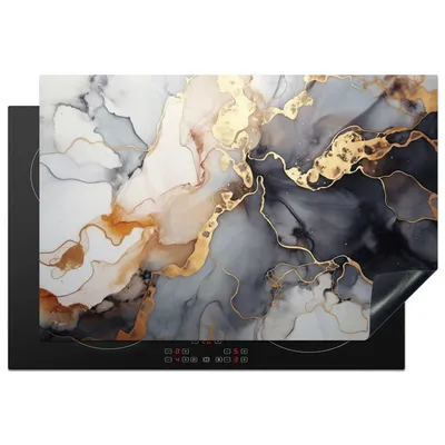Produktbild von KitchenYeah© Herdabdeckplatte Marmor - Schwarz - Gold - Weiß , 77x51cm, Küche Deko, Glaskeramikkochfeld Herdabdeckung, Abdeckplatte fùr Kochfeld
