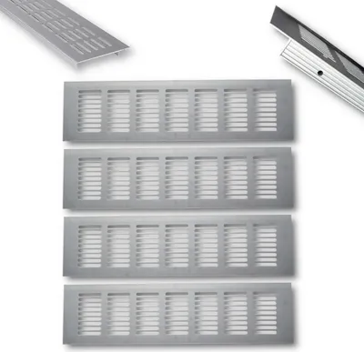 Produktbild von HOOZ 4x Aluminium Lüftungsgitter silber 60 x 8 x 1,2 cm für ideale Belüftung, Belüftungsgitter für Küche, Bad, Toilette, Garage und Wohnzimmer, Abluftgitter