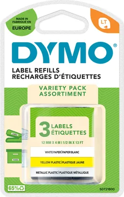 DYMO Original LetraTag Etikettenband | Papier/Kunststoff/Metall | 12 mm x 4 m | selbstklebendes Etiketten | für LetraTag-Beschriftungsgerät | 3 Etikettenkassetten