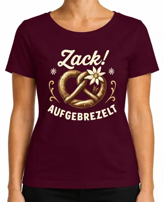 Imagen del producto de Camiseta para mujer con motivos de , diseño de "Zack Aufgebrezelt", con motivos de pretzel, traje tradicional, edelweiss y la palabra "Wiesn" (referencia al ), color burdeos, talla M