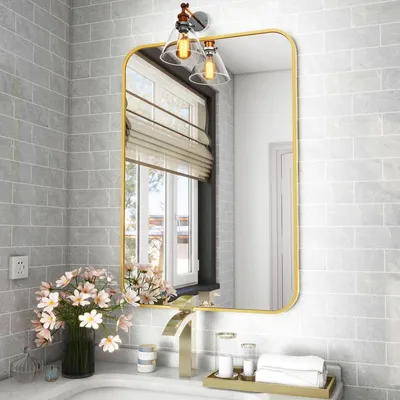 Immagine prodotto di Specchio da bagno con angoli arrotondati, dimensioni 51 x 71 cm, cornice in alluminio, colore oro, specchio da parete, montaggio orizzontale o verticale
